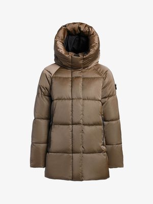 Ruskea, tikattu toppatakki, jossa on korkea kaulus, sivuvetoketjut ja sileä, kiiltävä pinta. Takissa on rento istuvuus eikä näkyviä metalliosia.