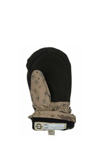 Brown and black children's mittens with a textured black upper, patterned beige lower featuring moons and stars. Elastic wrist for adjustment.