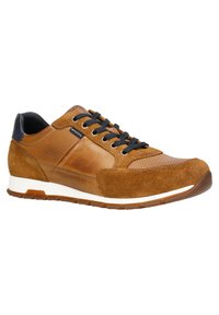 Sneaker in pelle marrone e suede con accenti perforati, tallone blu navy, suola intermedia bianca e lacci neri. Design a profilo basso con suola in gomma.