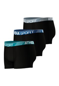 Caleçons de sport noirs en coupe boxer, dotés de ceintures élastiques bleues et teal avec le texte "ATHENA SPORT" et des motifs texturés. Ensemble de trois.