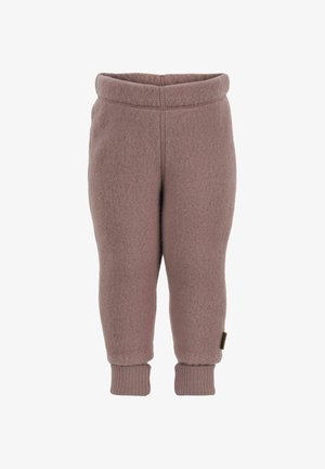 Vilnos kelnės raminančios mauvės spalvos, su tampriu liemens juosmeniu, ribinėmis rankogaliais ir minkštu audiniu. Be kišenių, minimalūs siūlių detalės.