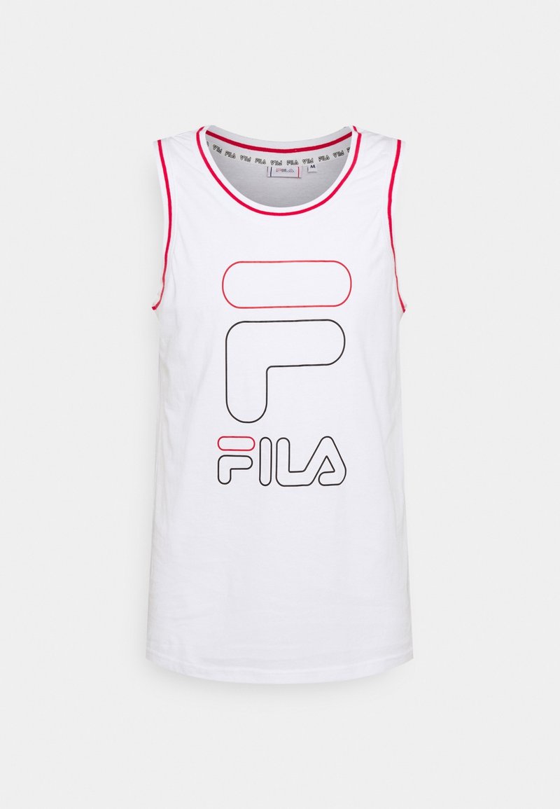 Débardeur de sport blanc avec bordure rouge et grand logo FILA en contour rouge et noir sur le devant.