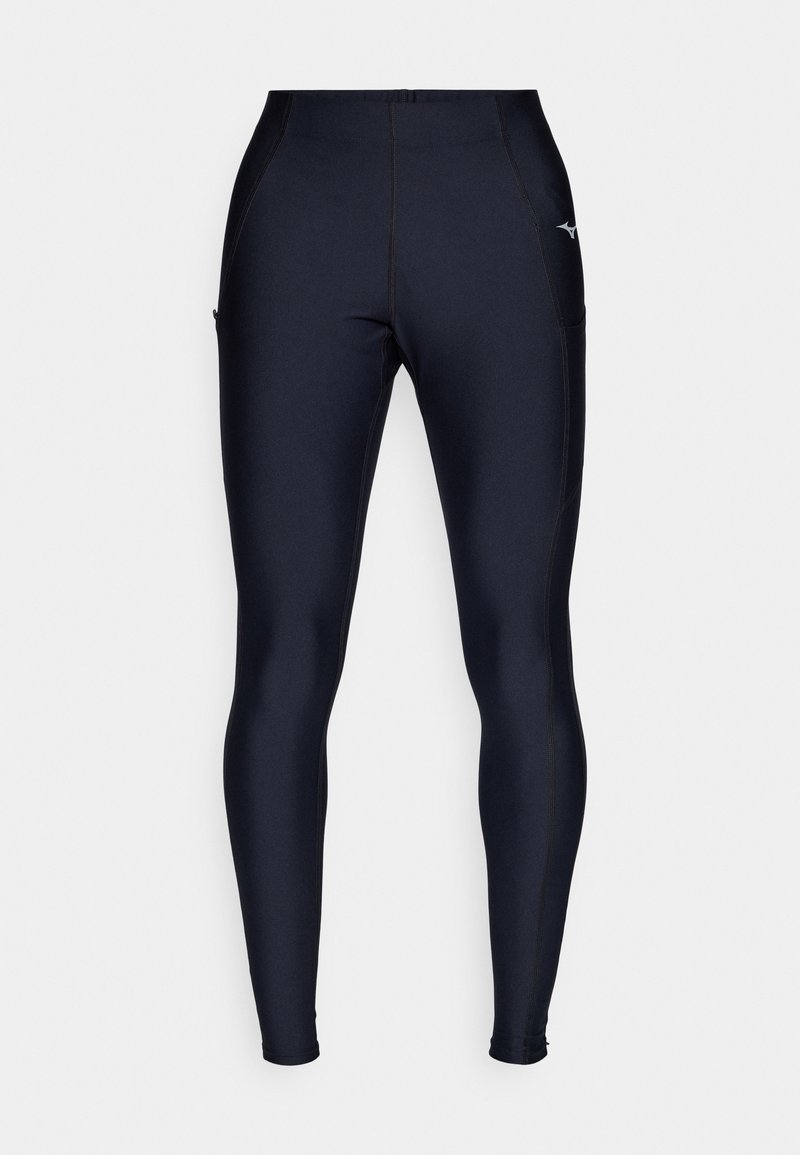 Marineblauwe sportlegging gemaakt van rekbare stof, met een hoge tailleband, zijzakken en contrasterende stiksel-details.