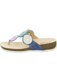 Blue and tan thong sandal with circular fabric accents in pastel colors, cushioned footbed, and textured cork sole.