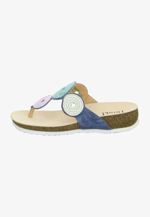 Blue and tan thong sandal with circular fabric accents in pastel colors, cushioned footbed, and textured cork sole.