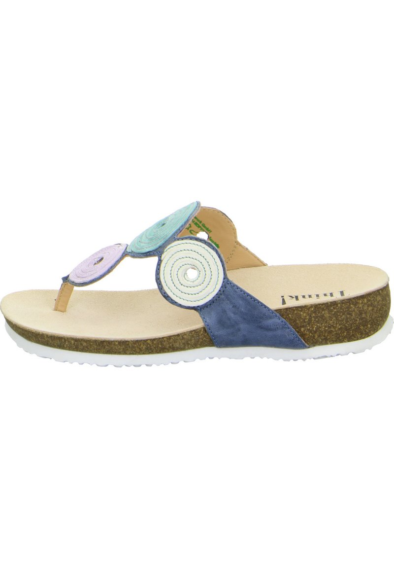 Blue and tan thong sandal with circular fabric accents in pastel colors, cushioned footbed, and textured cork sole.