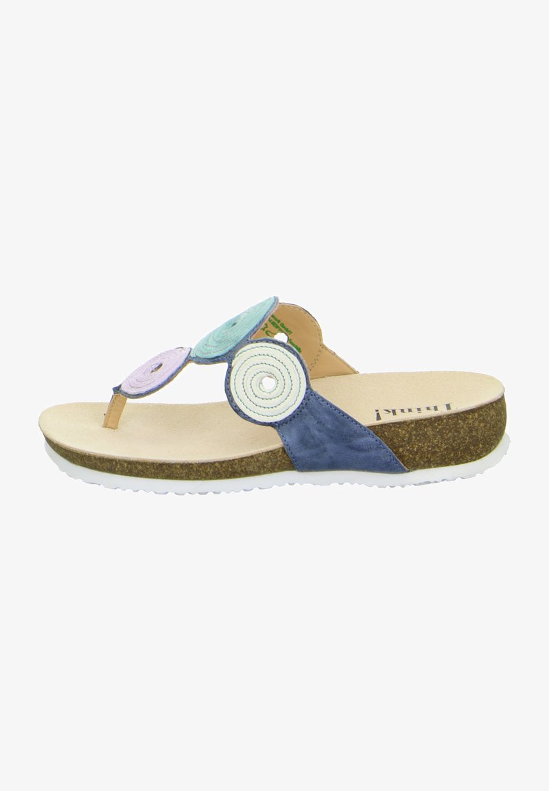 Blue and tan thong sandal with circular fabric accents in pastel colors, cushioned footbed, and textured cork sole.