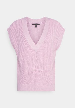 Pink knitted short-sleeve top with a V-neckline, featuring a textured pattern and a fitted hem, designed for a loose fit.