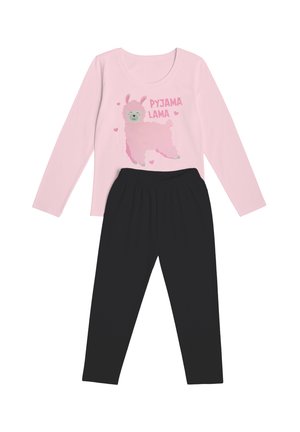 Pink long-sleeve top with smiling llama and "PYJAMA LAMA" text, paired with plain black elastic-waist pants sleepwear set.
