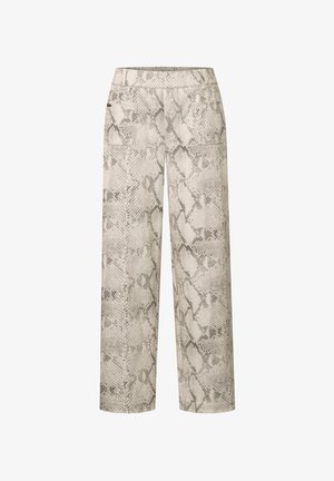 Weite Hosen im Schlangenhaut-Muster mit strukturierter Oberfläche, neutralen Tönen und zwei Gesäßtaschen. Hergestellt aus leichtem Stoff.