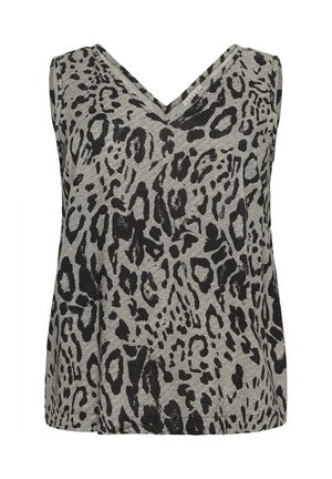 Mouwloos topje met een V-hals, met een grijze achtergrond en zwart luipaardprintpatroon. Gemaakt van zachte, gestructureerde stof.