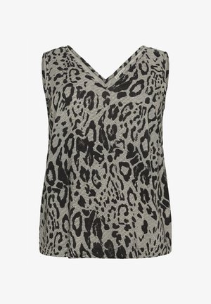 Hihaton toppi, jossa on V-pääntie, harmaalla taustalla ja mustalla leopardikuviolla. Valmistettu pehmeästä, rakenteellisesta kankaasta.