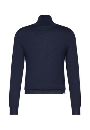 Pull à col roulé bleu marine à manches longues avec poignets et ourlet côtelés, présenté sur un fond blanc uni.