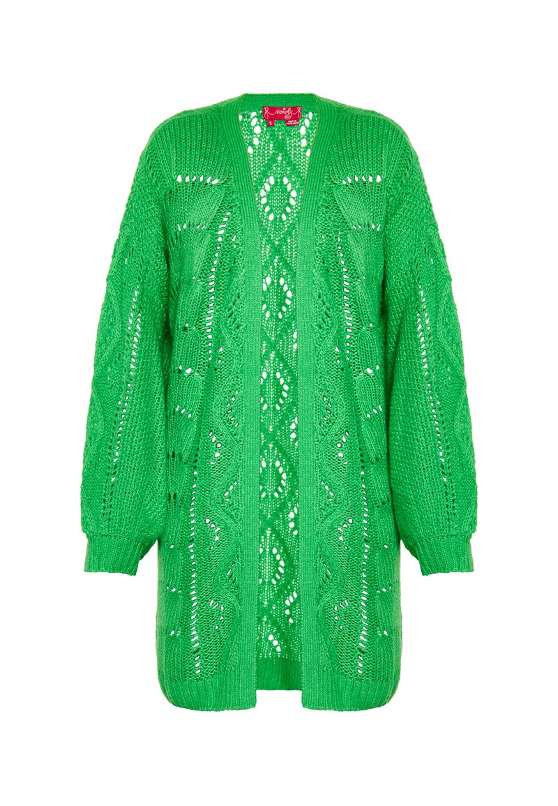 Zelený pletený kardigan s volným střihem, otevřeným předním dílem, strukturovaným vzorem a dlouhými rukávy. Obsahuje velké diamantové a vlnkové motivy.