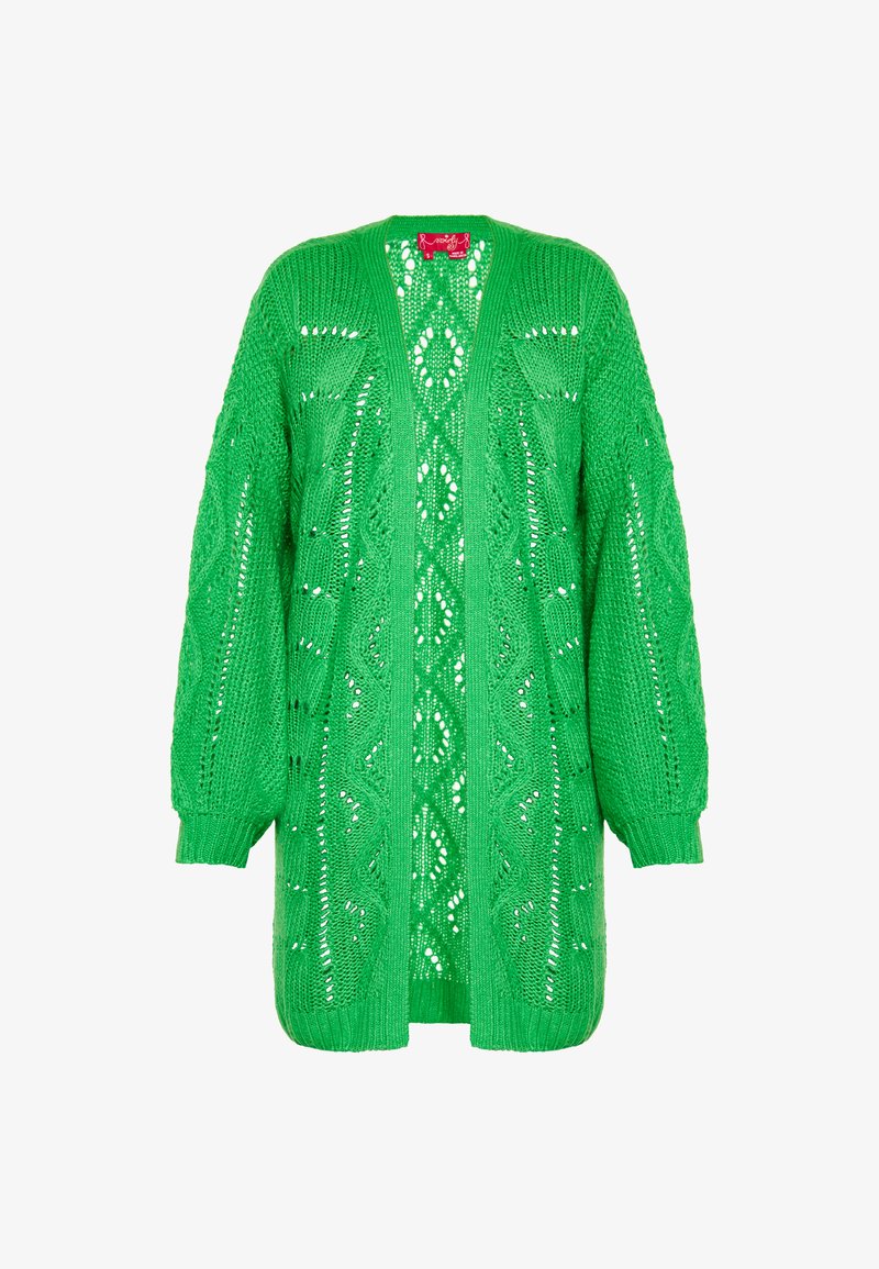 Zelený pletený kardigan s volným střihem, otevřeným předním dílem, strukturovaným vzorem a dlouhými rukávy. Obsahuje velké diamantové a vlnkové motivy.