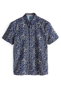 Krátký rukáv košile v námořnické tkanině s květinovým vzorem v krémové barvě, s knoflíkovým zapínáním vpředu a klasickým límečkem.