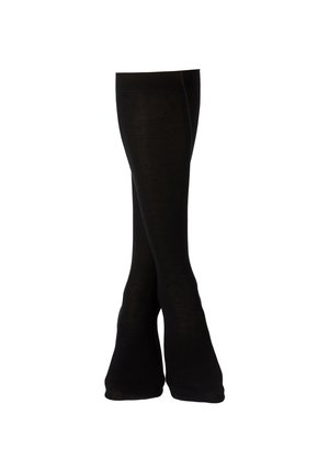 Leggings amplios y negros, confeccionados con un tejido suave, que presentan una cintura ajustada y un extremo acampanado, diseñados para un uso cómodo.