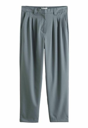 Helle graue, plissierte Hose mit lockerer Passform, glatter Textur und seitlichen Taschen. Maßgeschneiderter Schnitt mit mittelhohem Bund.