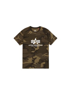 Camo-patterned T-shirt in shades of green and brown, featuring a white "ALPHA INDUSTRIES" logo. Made of soft fabric, with short sleeves.