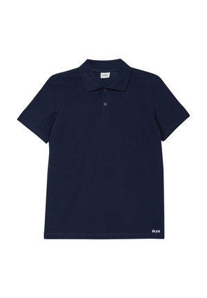 Granatowy polo z krótkim rękawem, dwoma guzikami, klasycznym kołnierzykiem oraz małym białym napisem "SLVR" blisko dolnego brzegu po prawej stronie.