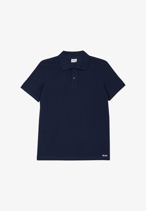 Navyblauw polo met korte mouwen, twee knopen, klassieke kraag en kleine witte "SLVR" tekst near de onderzoom aan de rechterkant.
