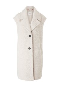 Gilet senza maniche di colore chiaro realizzato in tessuto testurizzato, caratterizzato da un colletto a punte, due tasche frontali e tre bottoni neri.