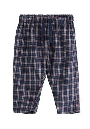 Marineblaue karierte Hose mit elastischem Bund und dunkelblauem Kordelzug, entworfen für den Freizeit- oder Schlafgebrauch.