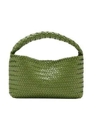 Sac à main en cuir tressé vert avec une anse arrondie et un corps rectangulaire, présenté sur un fond blanc uni.