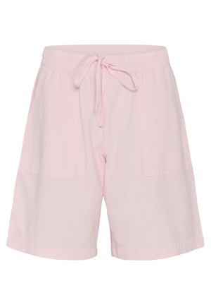 Pantaloncini casual di colore rosa chiaro con fascia elastica in vita, coulisse frontale e due ampie tasche applicate sul davanti.