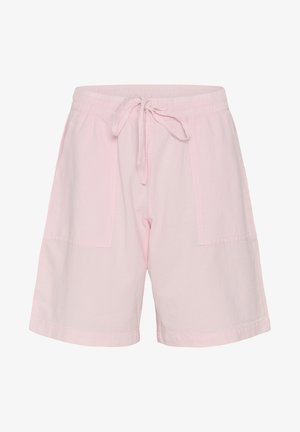 Vaaleanpunaiset rentoihin tilanteisiin sopivat shortsit, joissa on joustava vyötärönauha, edessä kiristysnauha ja kaksi suurta etutaskua.