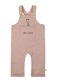 Beige cotton overalls with adjustable shoulder straps, front pocket featuring a giraffe illustration, and embroidered text "SOPHIE LA GIRAFFE."