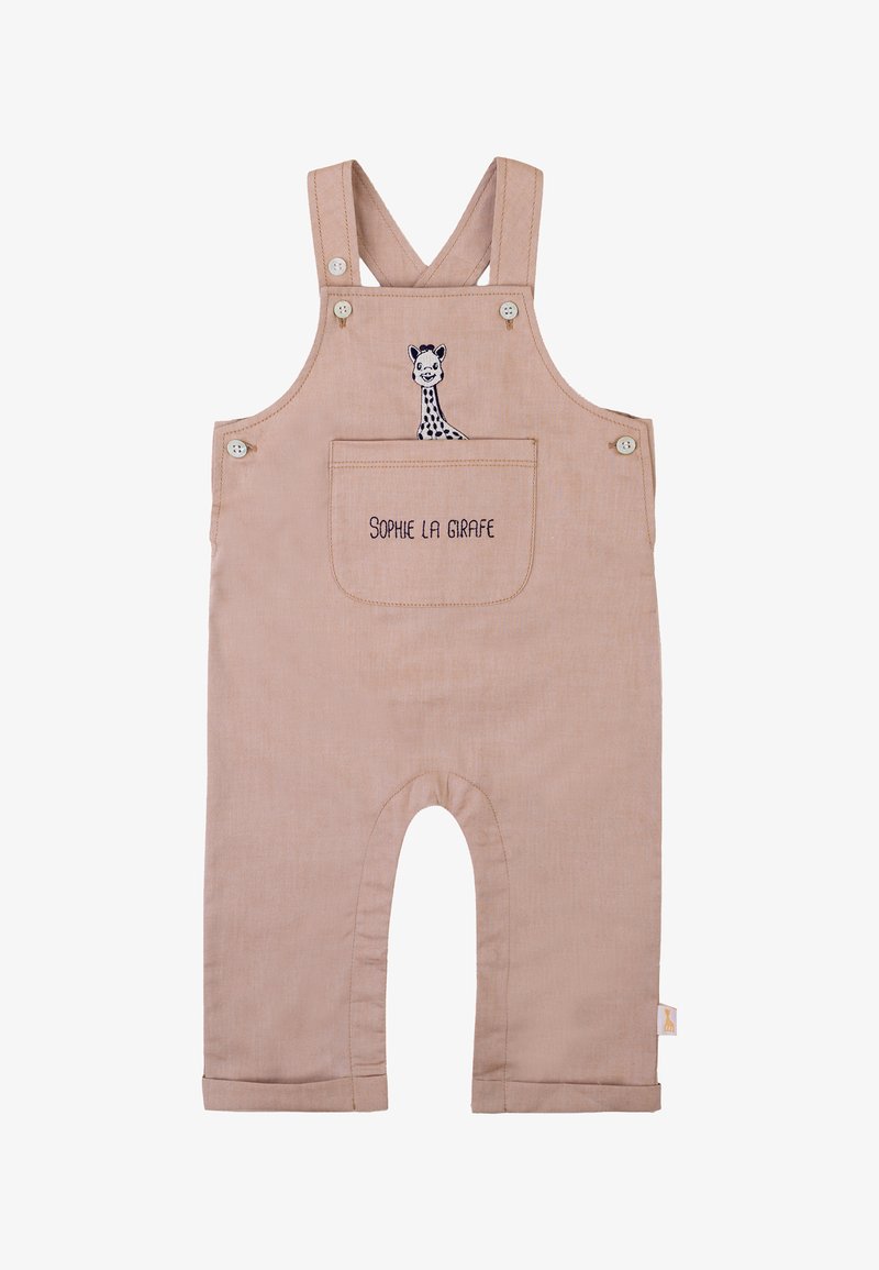 Beige cotton overalls with adjustable shoulder straps, front pocket featuring a giraffe illustration, and embroidered text "SOPHIE LA GIRAFFE."