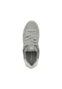 Gray suede sneaker with flat laces, padded collar, white sole, and logo on the tongue. Minimalist design with smooth texture.
