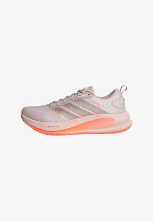 Lightweight running shoe in light gray with coral accents, mesh upper, three reflective stripes, thick cushioned sole, and pull tab at the heel.