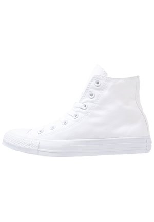 Weißer High-Top Canvas Sneaker mit Gummisohle und Zehenkappe, sichtbaren Ösen und Schnürsenkeln, seitlich auf weißem Hintergrund gezeigt.