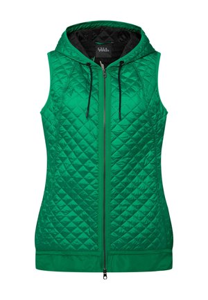 Grøn quilted vest med hætte, der har en foran lynlås, to sidelommer og sorte detaljer på indersiden og lynlåskanterne.