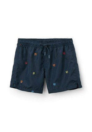 Marineblå badeshorts med elastisk talje, snøre og flerfarvede broderede anker-mønstre.