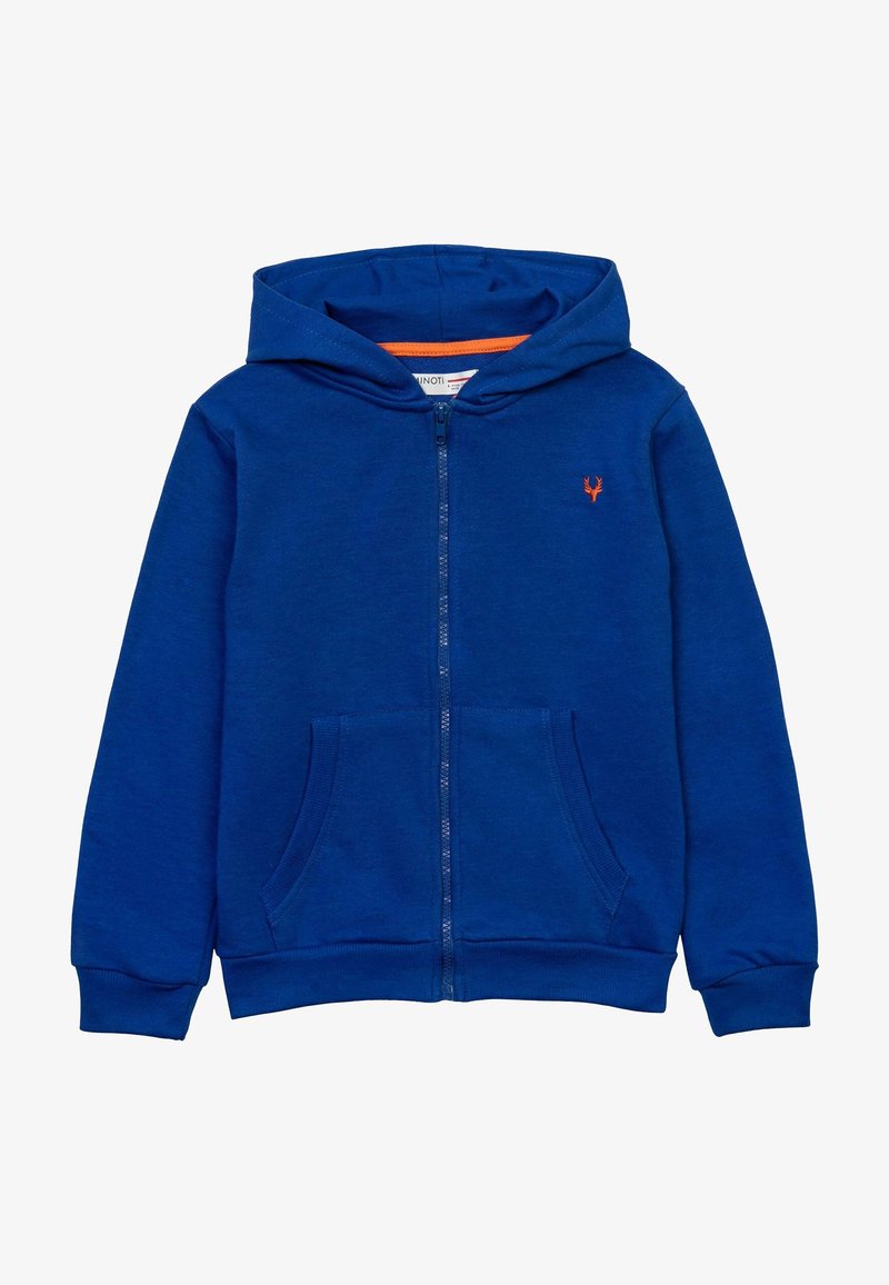 Sweat à capuche bleu avec fermeture éclair, poche kangourou, poignets et ourlet côtelés. Présente un petit logo orange sur la poitrine gauche. Fabriqué en tissu doux.
