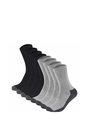 Sechs schwarze und sechs graue Crew-Socken mit dunklen Zehen und Fersen, in zwei Reihen auf weißem Hintergrund angeordnet.