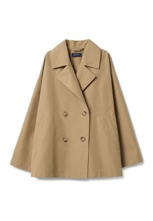 Abrigo trench coat beige de doble botonadura con solapas anchas, cuatro botones, bolsillos laterales y mangas largas, exhibido sobre un fondo blanco.