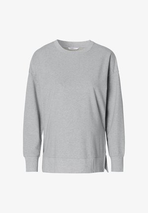 Sweatshirt gris à manches longues en tissu doux, avec une coupe décontractée, un col rond et des fentes latérales à l'ourlet pour plus de confort.