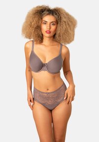 Gray lingerie set featuring a smooth, padded bra with adjustable straps and a bow accent. The matching high-waisted panties have lace detailing.