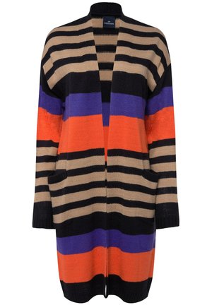 Multicolored cardigan with stripes in black, beige, orange, purple, and red. Features an open front and two side pockets. Knitted texture.