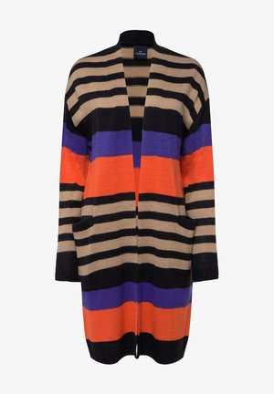 Mehrfarbiger Cardigan mit Streifen in Schwarz, Beige, Orange, Lila und Rot. Hat eine offene Vorderseite und zwei seitliche Taschen. Gestrickte Textur.