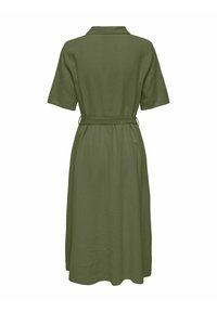 Olive green linen dress, knee-length, short sleeves, collar, belted waist, and a straight silhouette with a smooth texture.