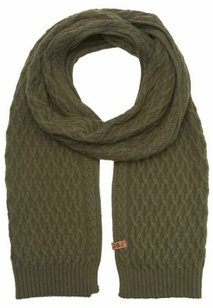 Écharpe en laine kaki tricotée en câble avec des extrémités côtelées et une petite étiquette en cuir marron portant l'inscription "J&J".