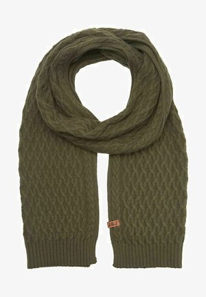 Écharpe en laine kaki tricotée en câble avec des extrémités côtelées et une petite étiquette en cuir marron portant l'inscription "J&J".