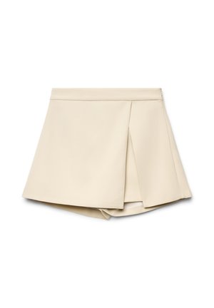 Skort beige con motivo plissettato, caratterizzato da una texture del tessuto liscia e una chiusura con cerniera invisibile sul retro.