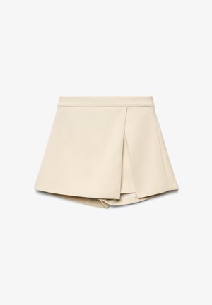 Skort beige con motivo plissettato, caratterizzato da una texture del tessuto liscia e una chiusura con cerniera invisibile sul retro.