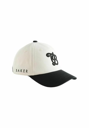 White and black baseball cap with "TB" embroidered on front and "BAKER" printed on side, set against a white background.